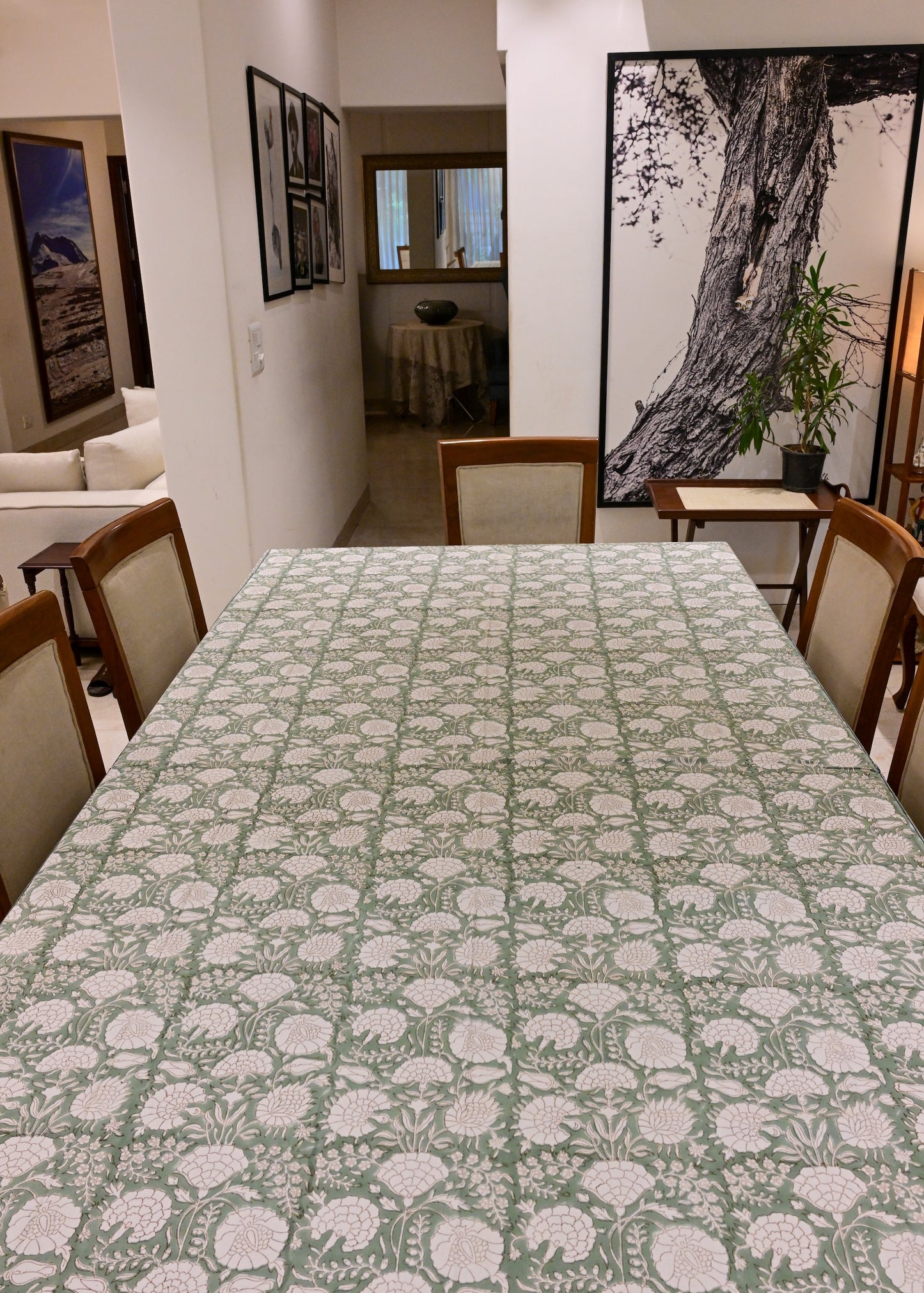 The Neer Tablecloth – Sage Green Hand Block Printed Cotton with Blue Border