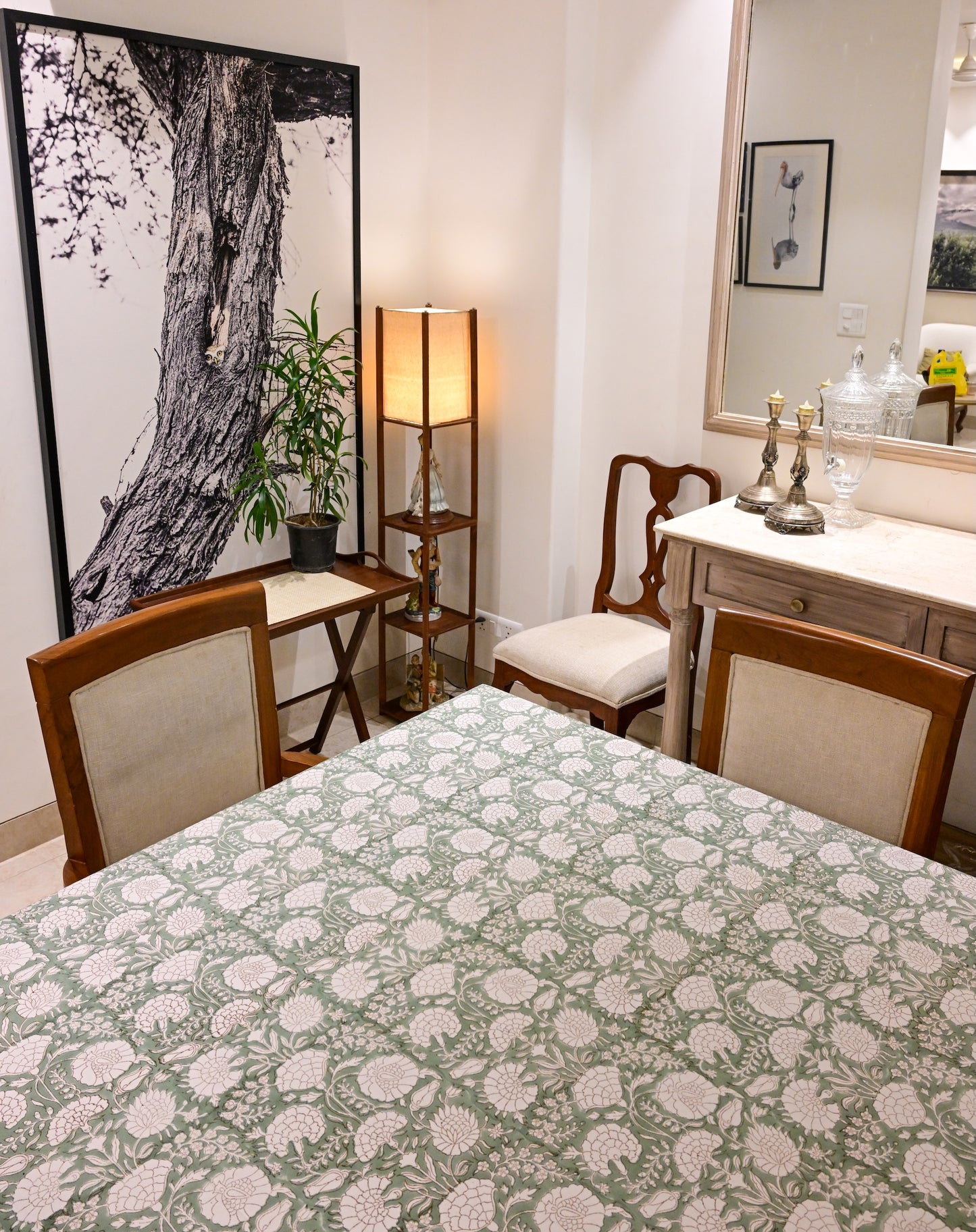 The Neer Tablecloth – Sage Green Hand Block Printed Cotton with Blue Border