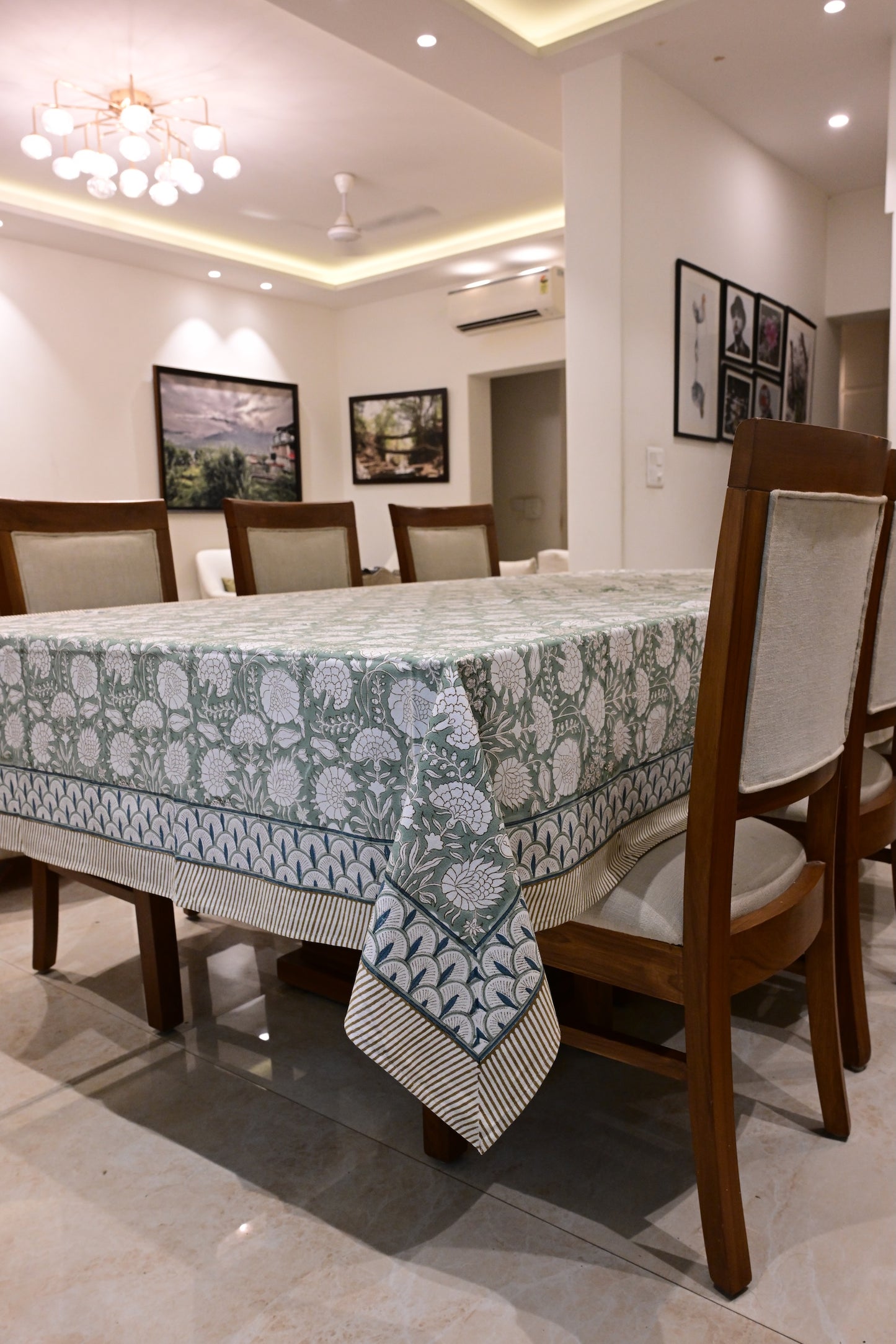 The Neer Tablecloth – Sage Green Hand Block Printed Cotton with Blue Border