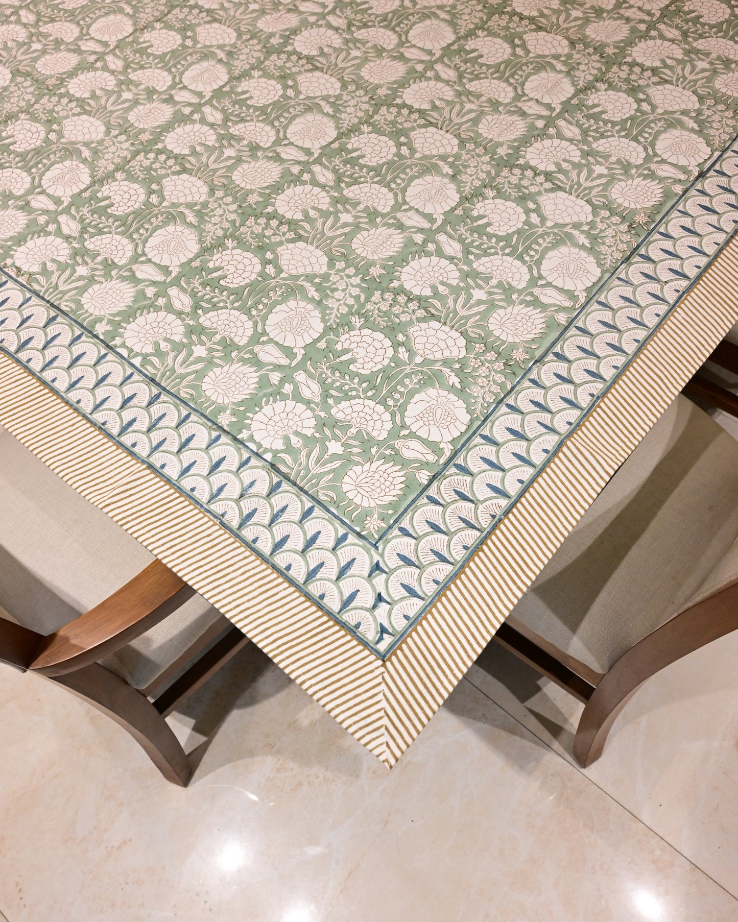 The Neer Tablecloth – Sage Green Hand Block Printed Cotton with Blue Border