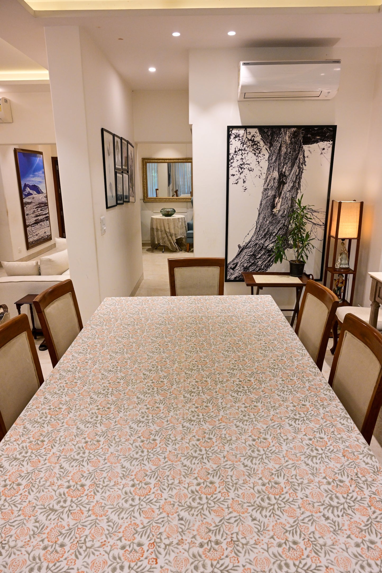 The Anar Tablecloth – White Hand Block Printed Cotton with Grey Vines & Orange Florals