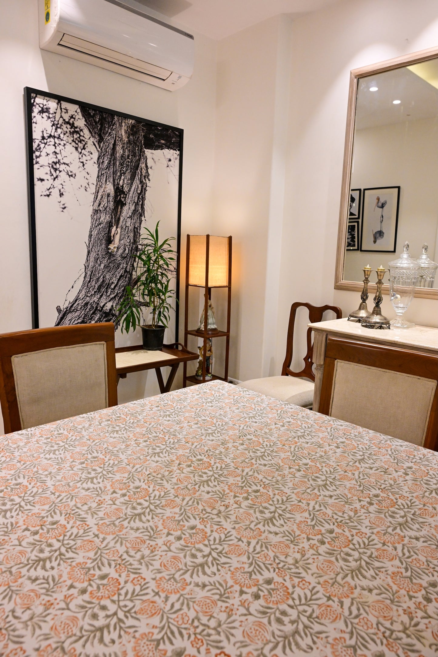 The Anar Tablecloth – White Hand Block Printed Cotton with Grey Vines & Orange Florals