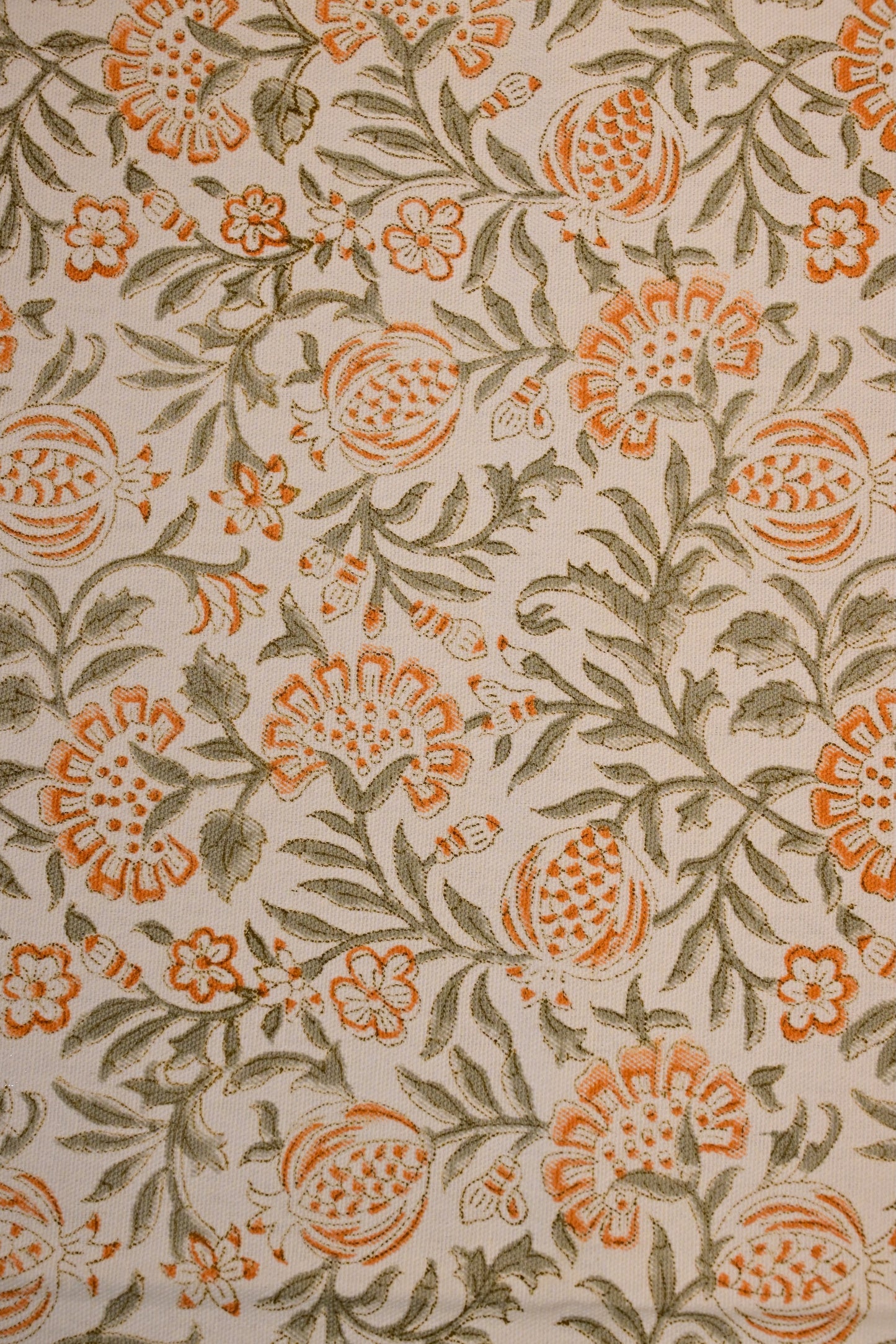 The Anar Tablecloth – White Hand Block Printed Cotton with Grey Vines & Orange Florals