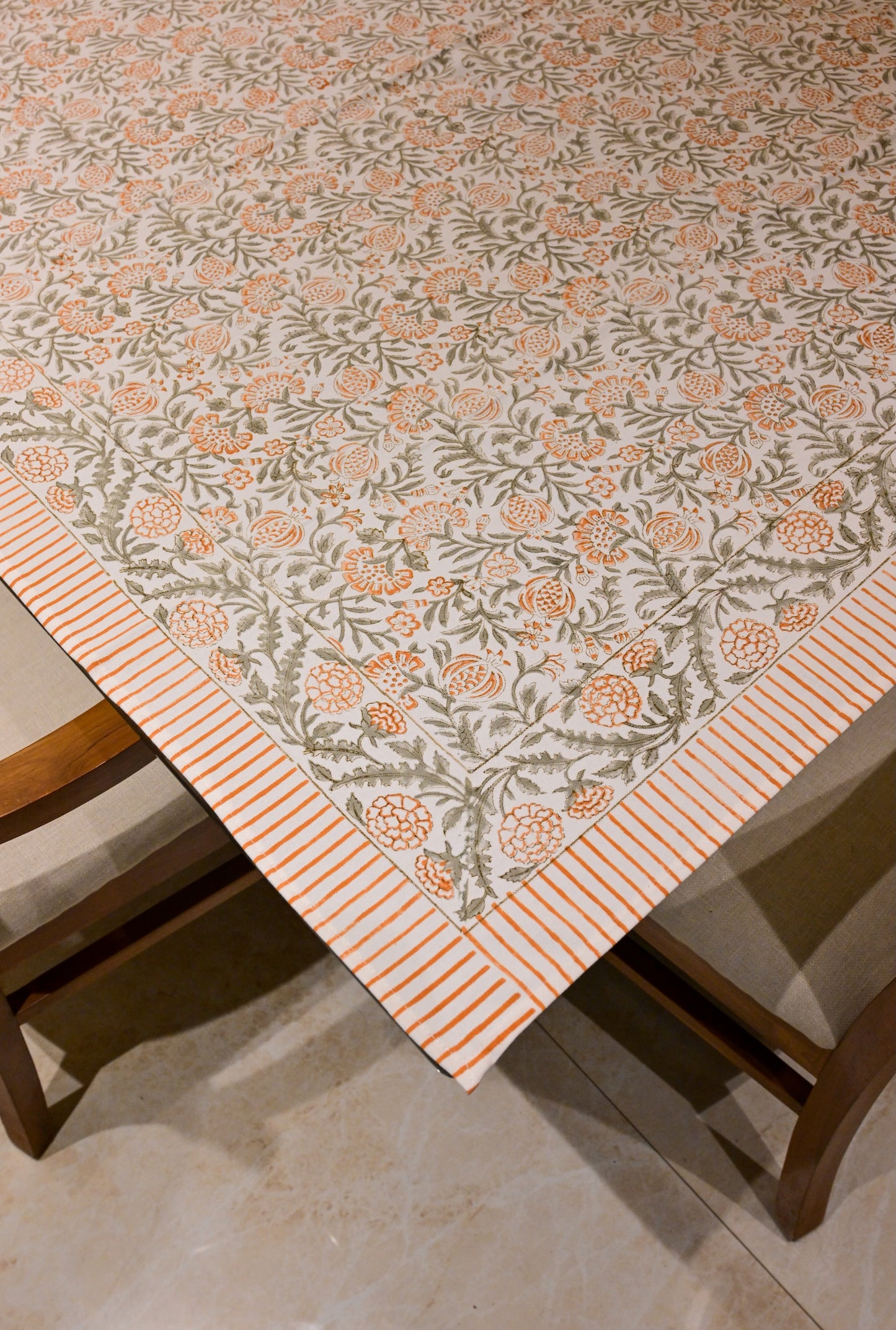 The Anar Tablecloth – White Hand Block Printed Cotton with Grey Vines & Orange Florals