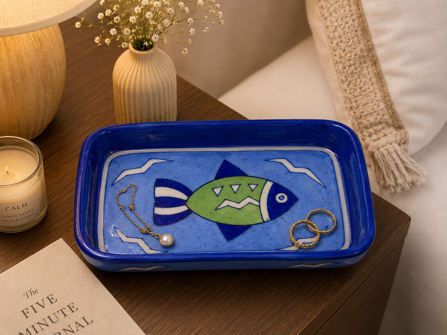 Decorative Block Printed Fish Pattern Tray