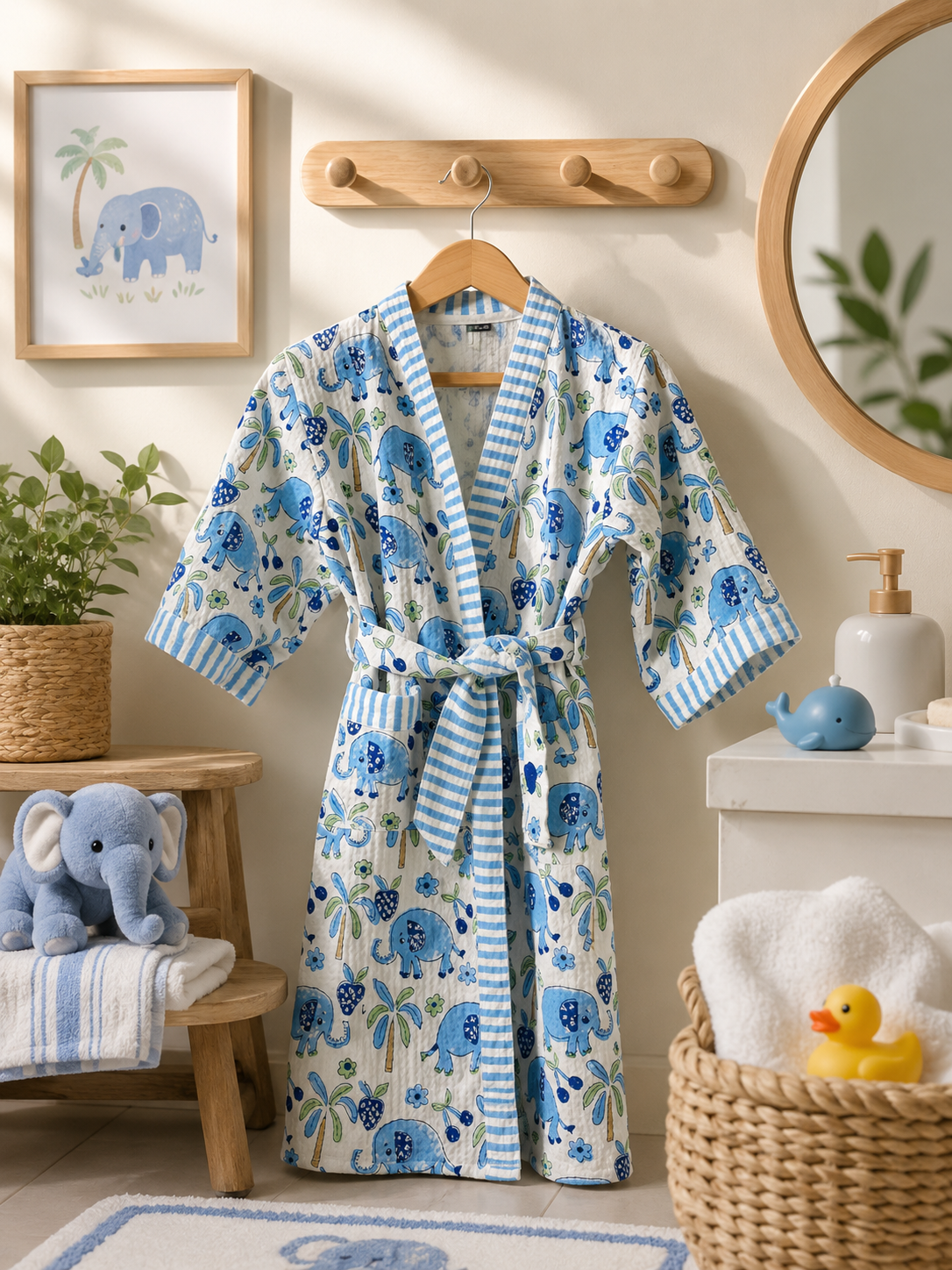 Dressing Gowns for baby boys with cute elephant block printed on the fabric