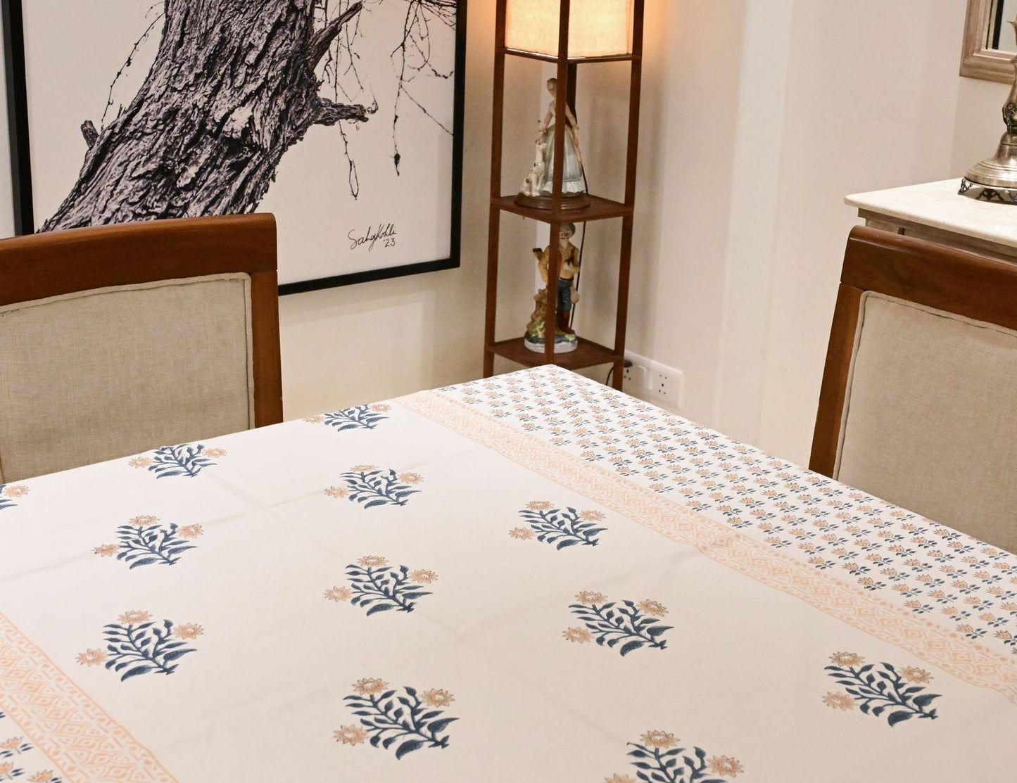 Peach Bloom Block Print Tablecloth