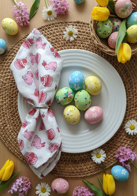Colorful Easter eggs on a plate with flowers and a napkin on a wooden surface