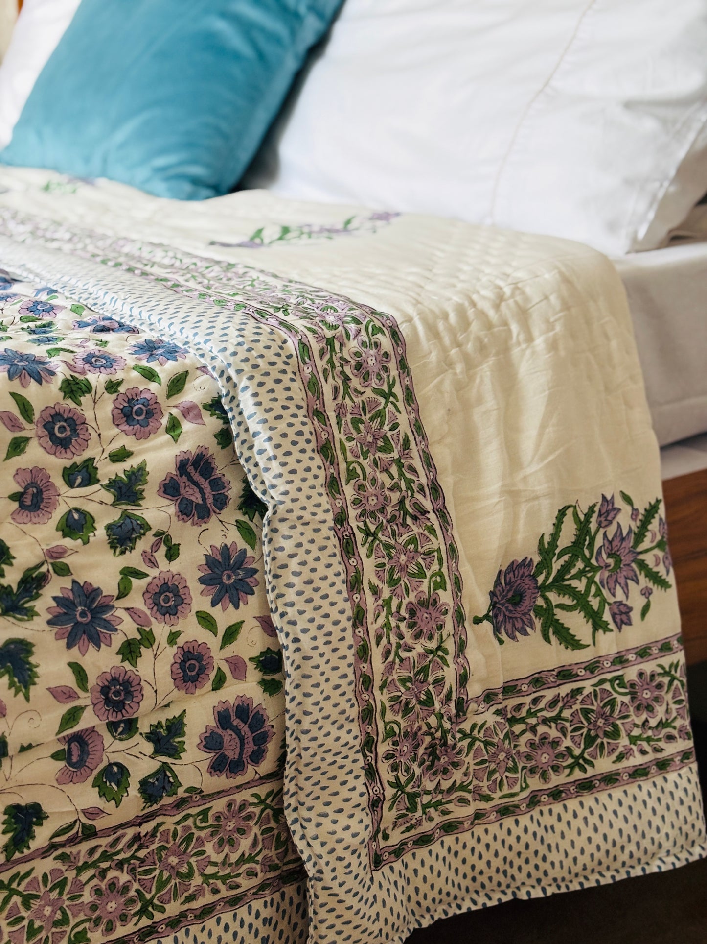 Lavender Bloom Reversible Summer Quilt – Hand Block Printed, Cotton Filled