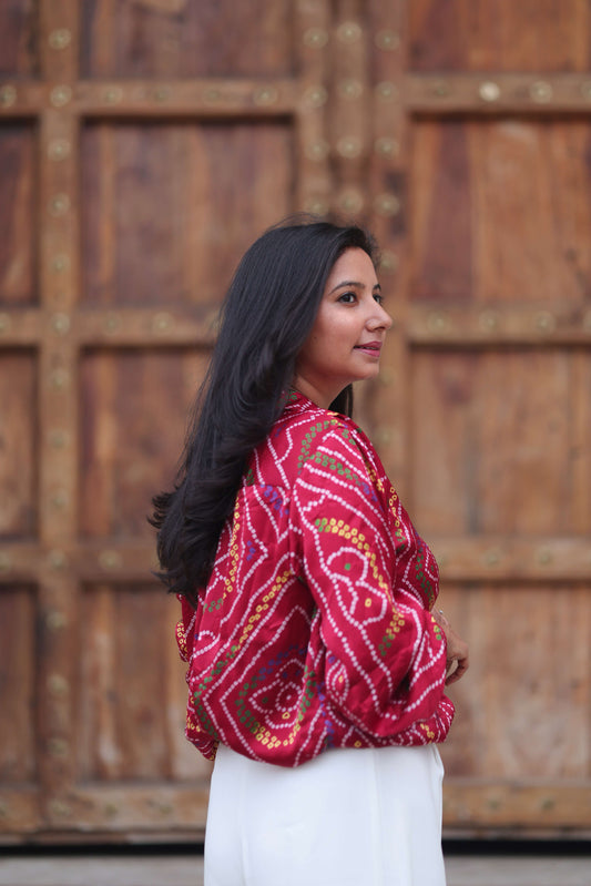 Ruby Bandhni Silk Blouse with Pearl Buttons