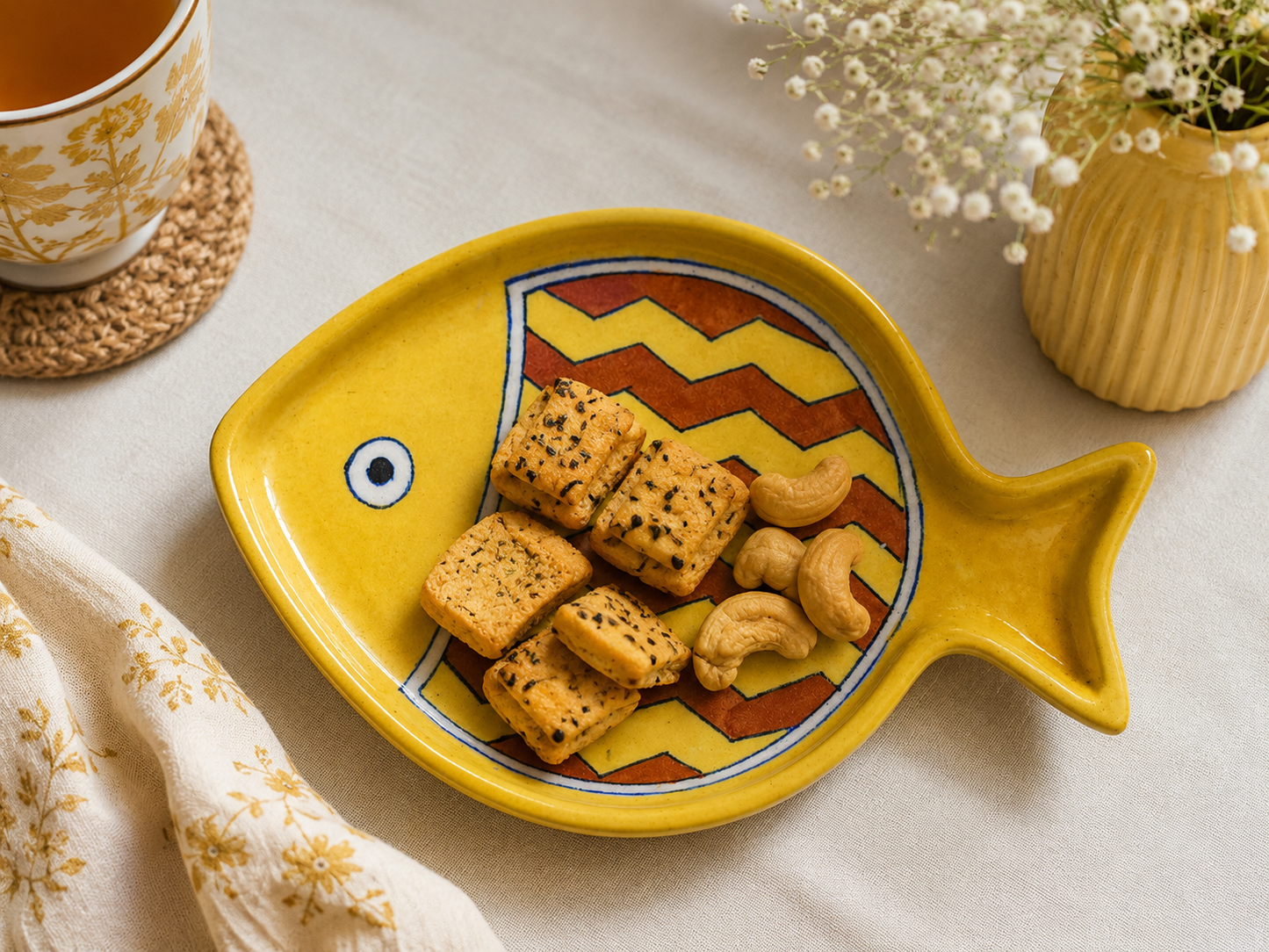 Yellow fish-shaped plate with cookies on a light surface, next to a cup of tea and a vase with flowers.