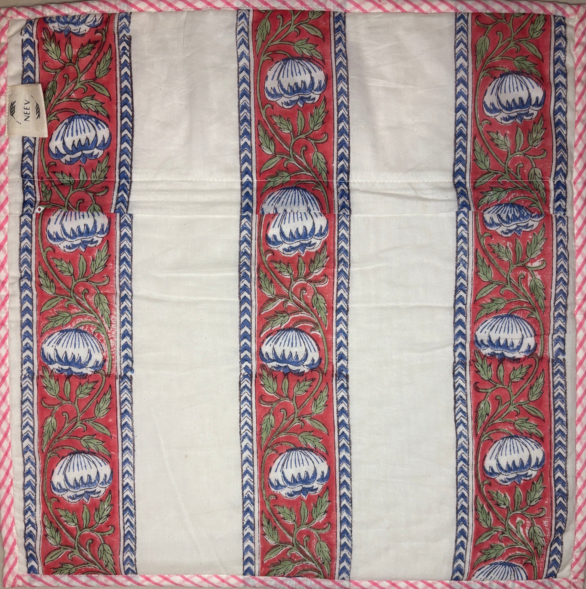 Handmade floral block print cushion made with Luxury Soft Mulmul Cotton