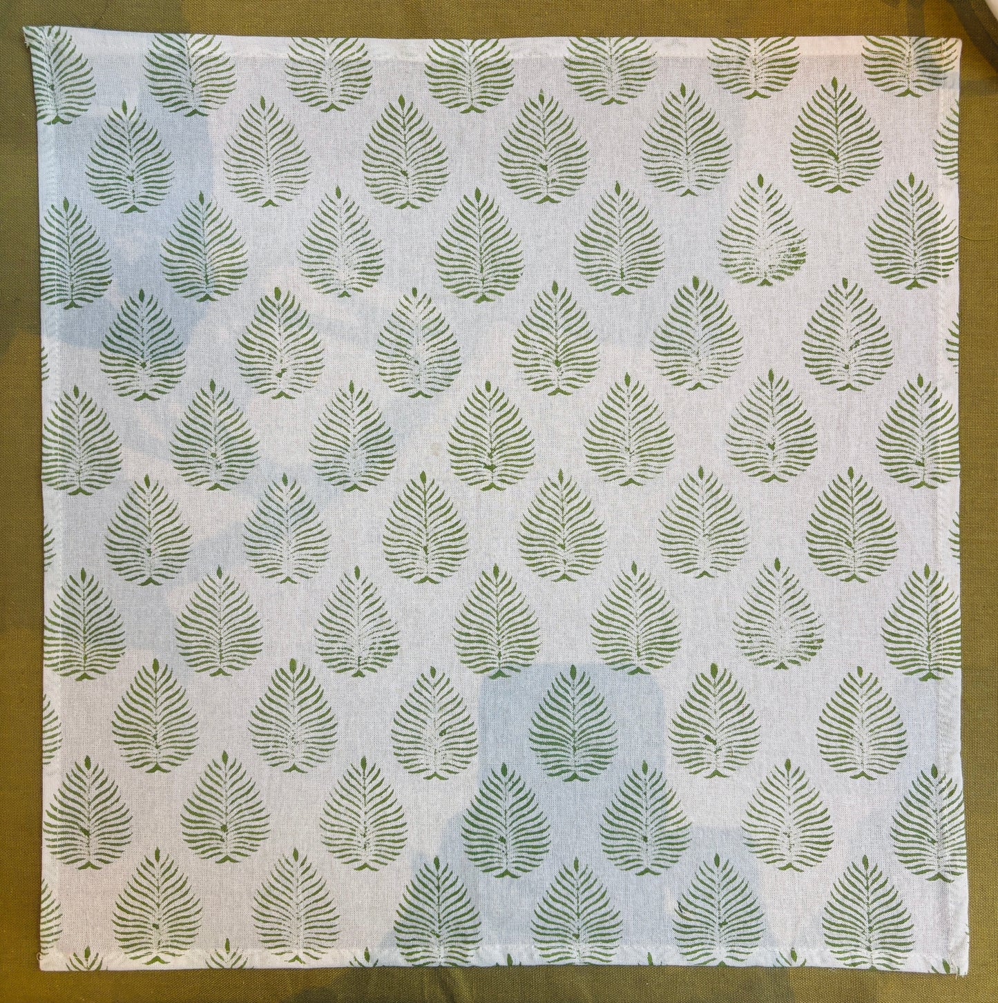 Handmade Jaipur Block Print Cotton Napkins – Green Leaf Pattern (Set of 2)