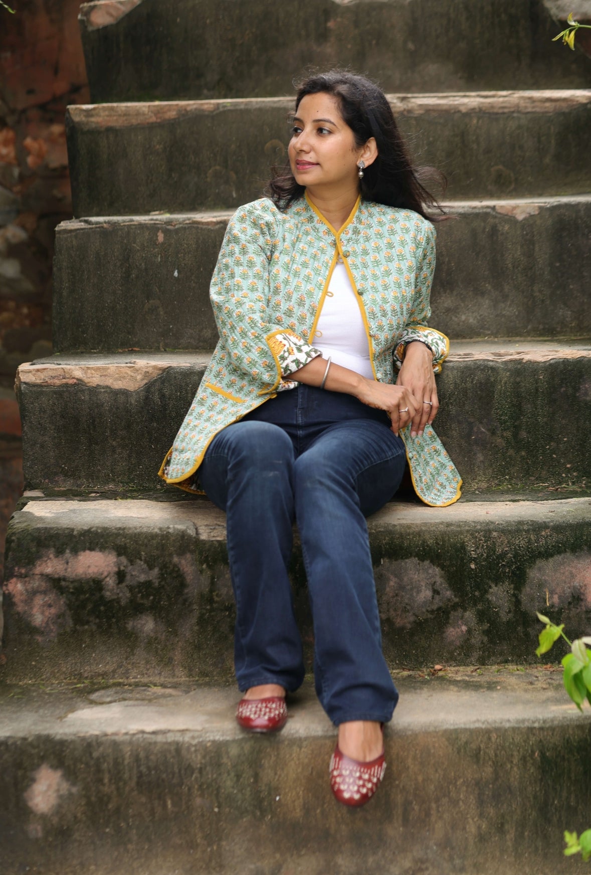 Sage Green Floral Reversible Jacket – Handcrafted Block Print