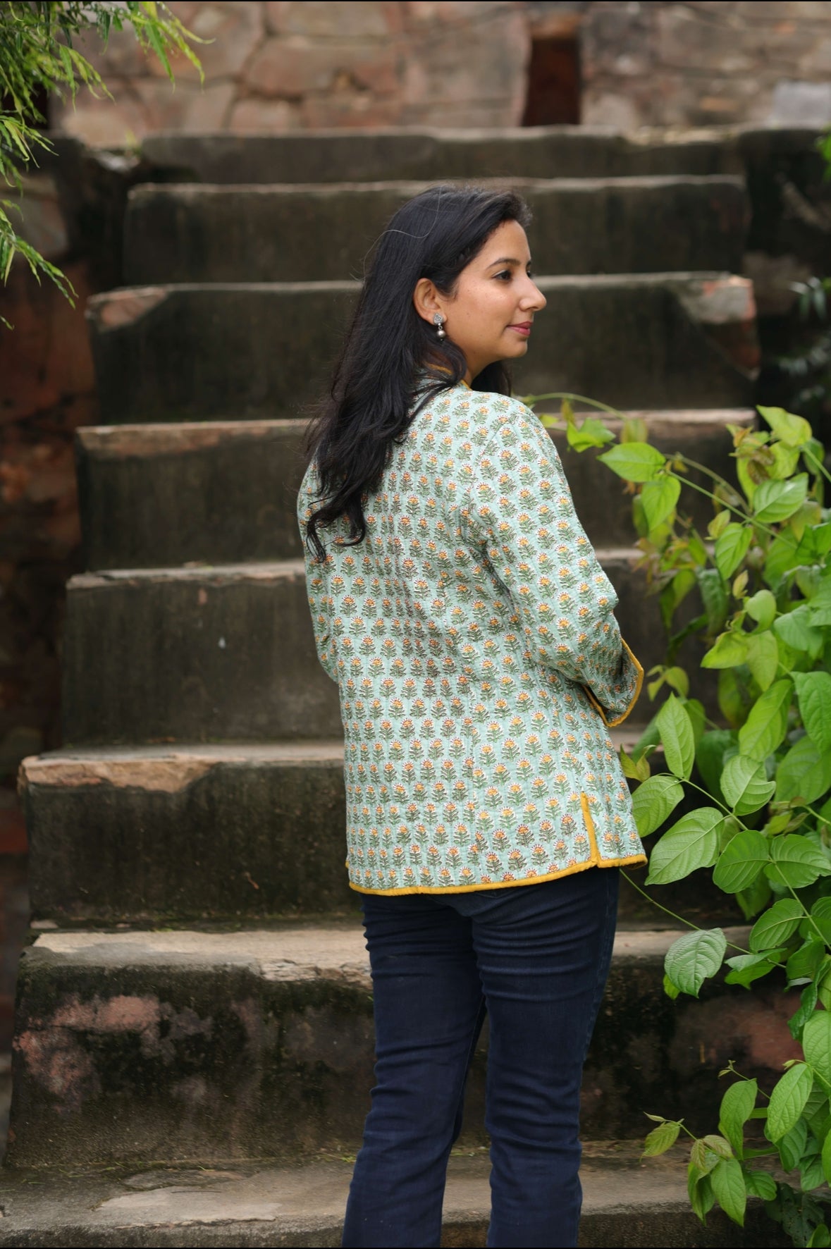Sage Green Floral Reversible Jacket – Handcrafted Block Print