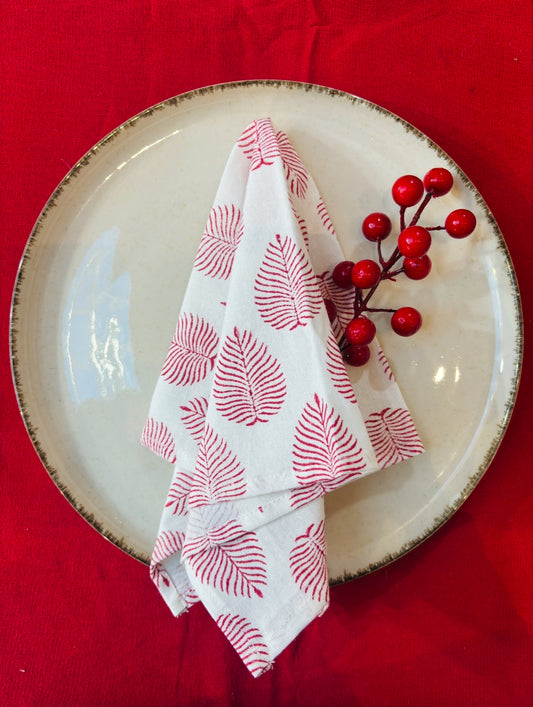 Jaipur Block Print Cotton Red Leaf Napkins Set of 2