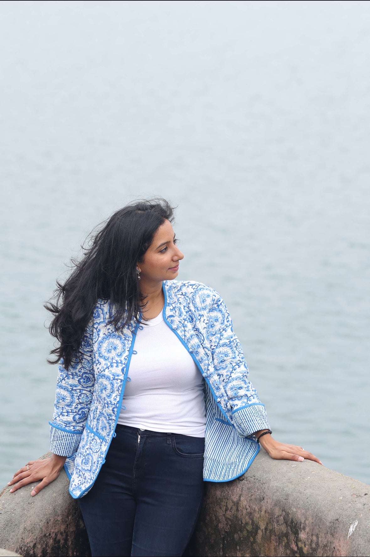 Reversible blue floral block‑printed jacket in cotton, handcrafted artisanal outerwear.