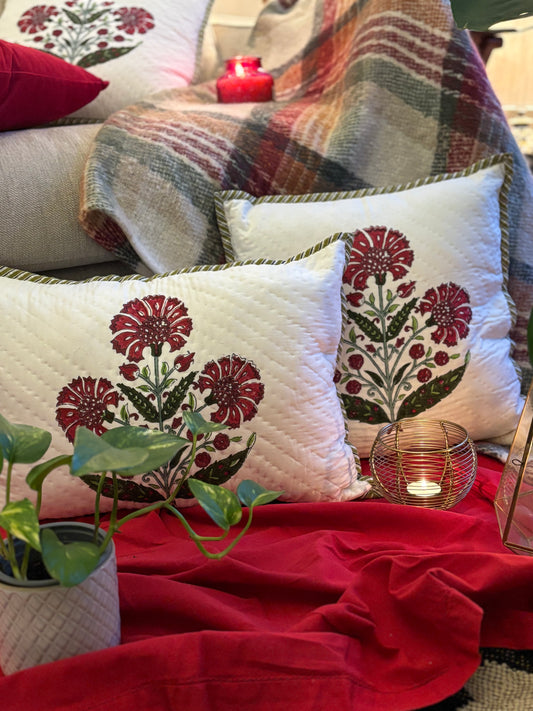 Scarlet Harmony block printed cushion