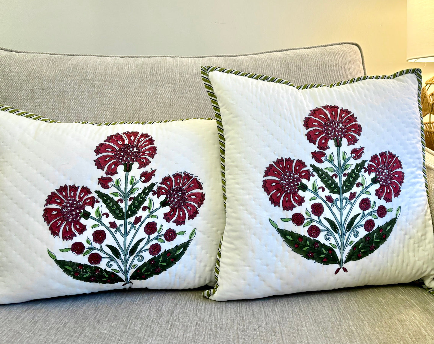 Scarlet Harmony block printed cushion