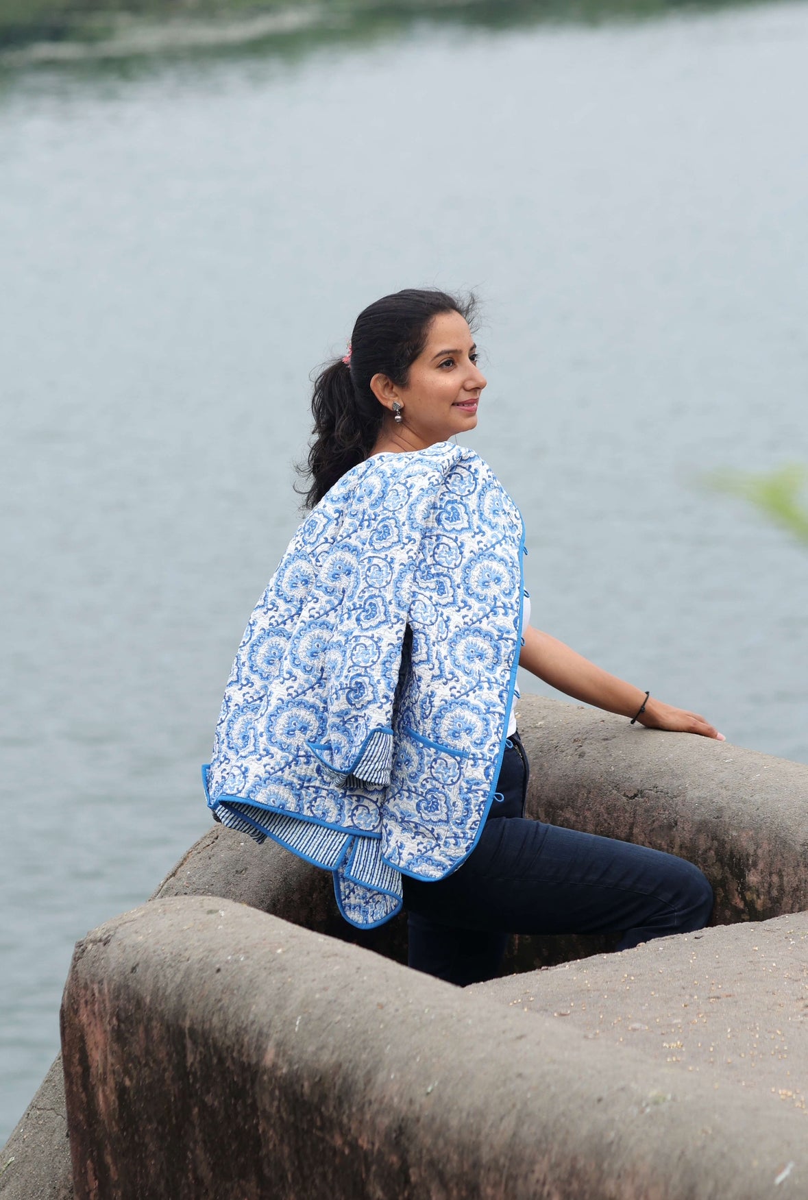 Reversible Hand block Printed Jacket in Blue Floral Pattern