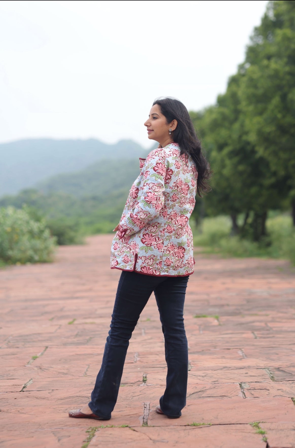 Rose floral reversible hand block‑printed jacket in cotton, artisanal fashion outerwear.