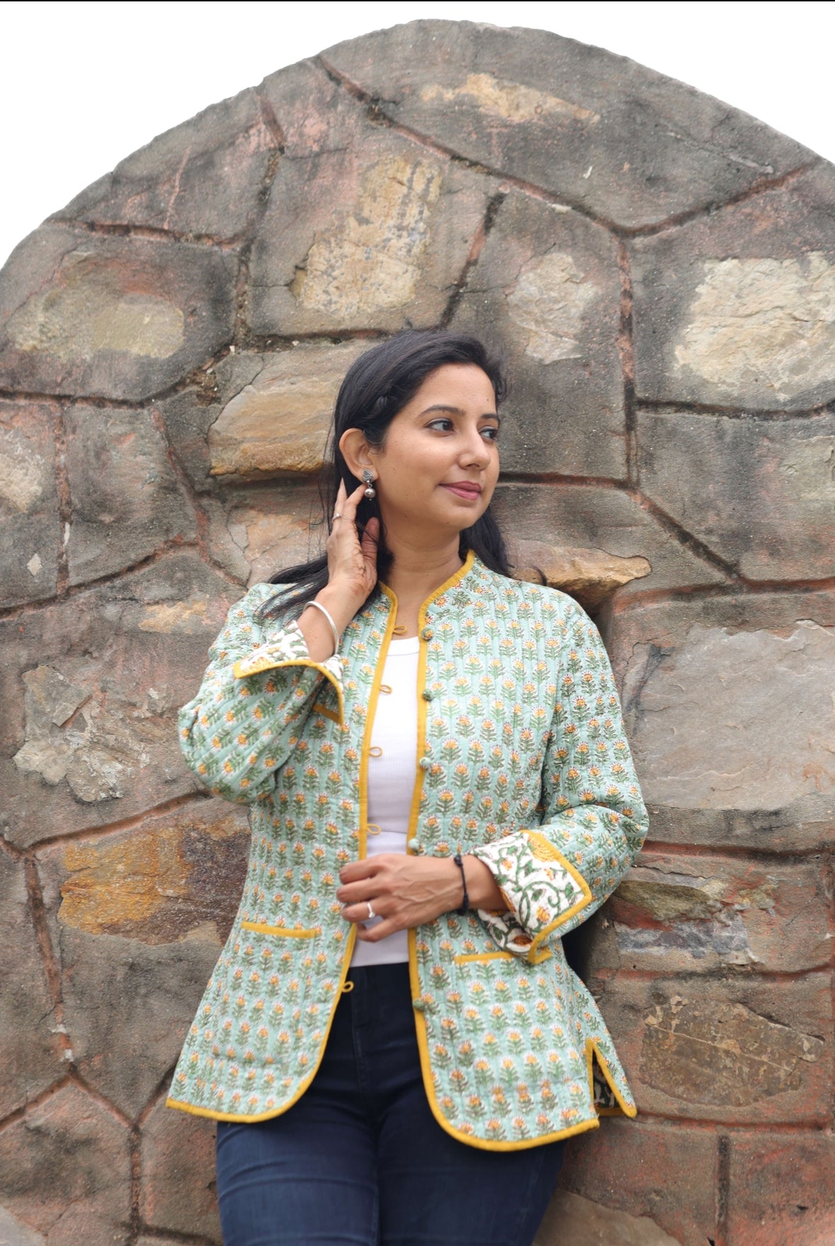 Handcrafted sage green floral reversible jacket with traditional block print pattern.