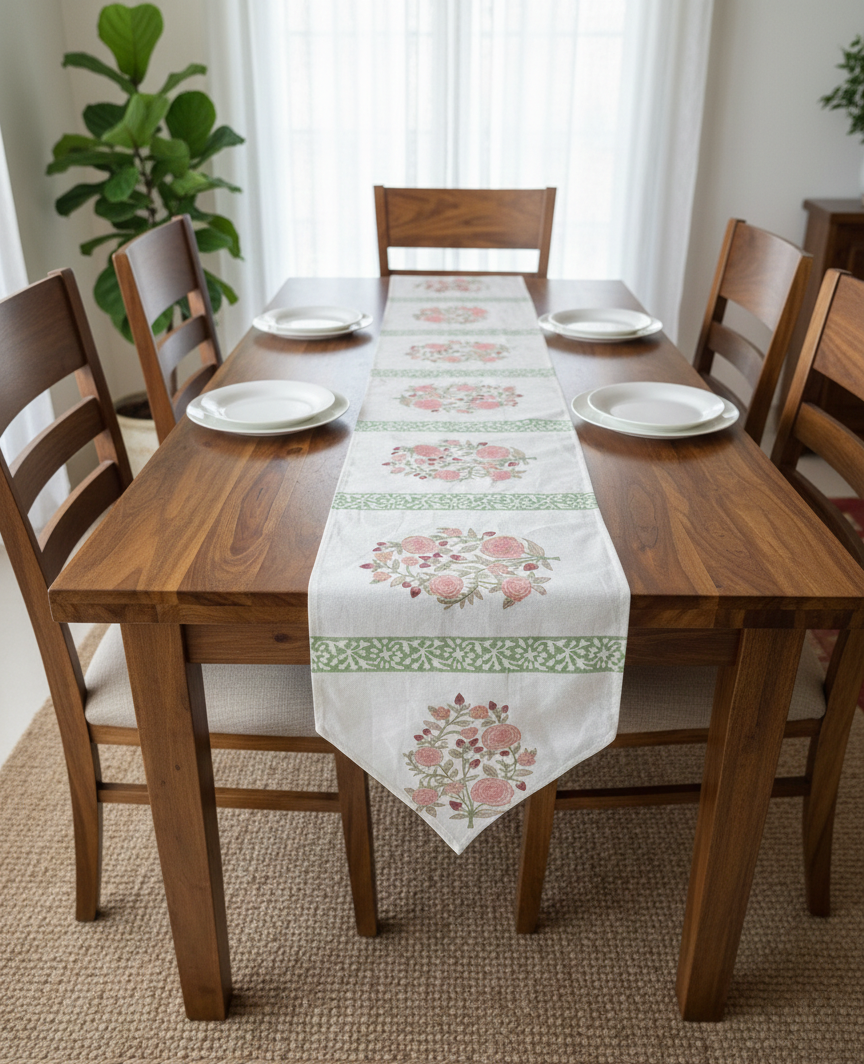Dining table set with a floral table runner, plates, and chairs in a bright room.