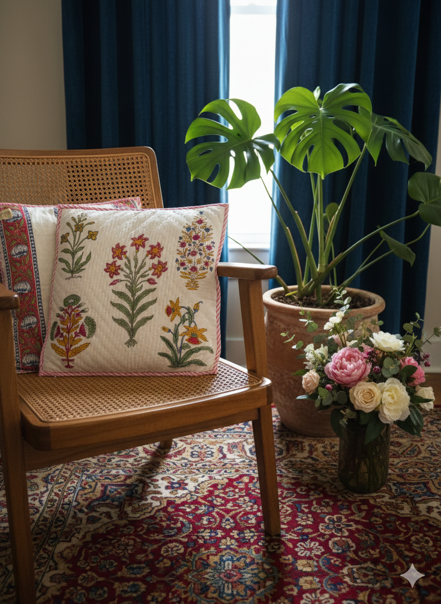 Heritage Bloom Hand Block Quilted Mulmul Cushion Cover