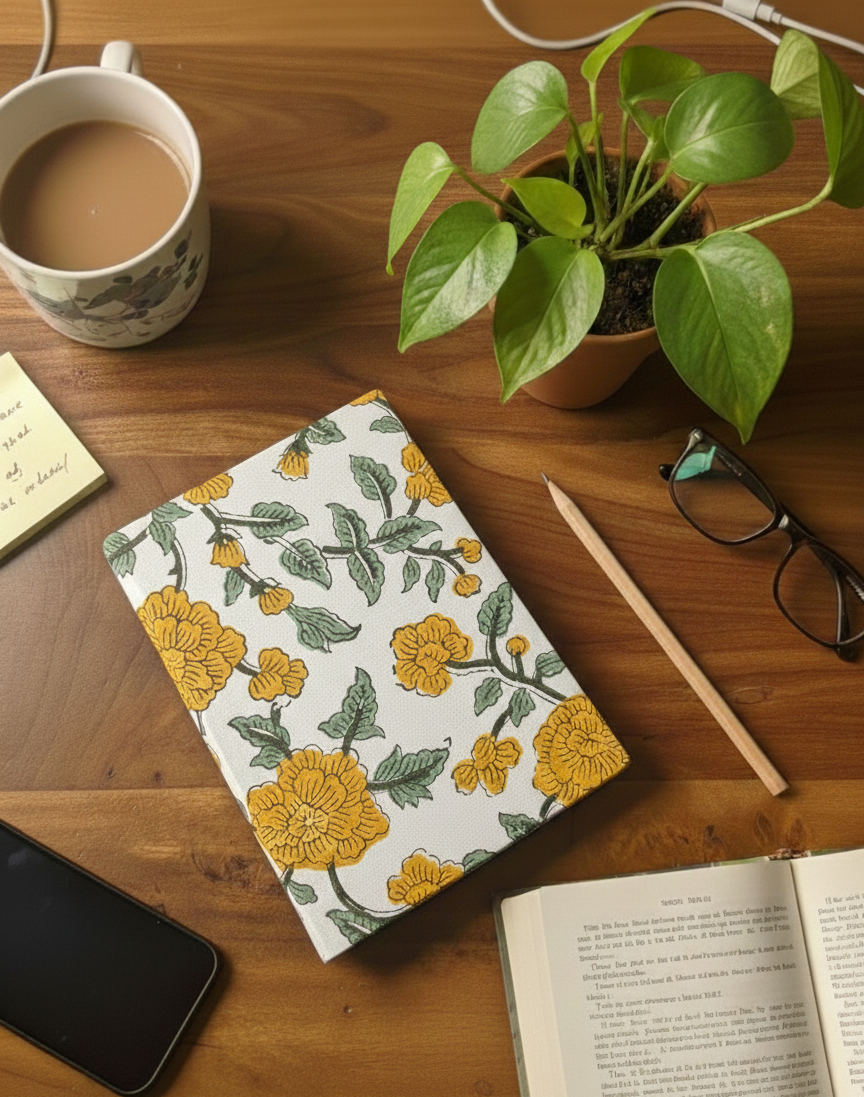 Floral notebook on a wooden desk with a cup of tea, plant, and glasses.