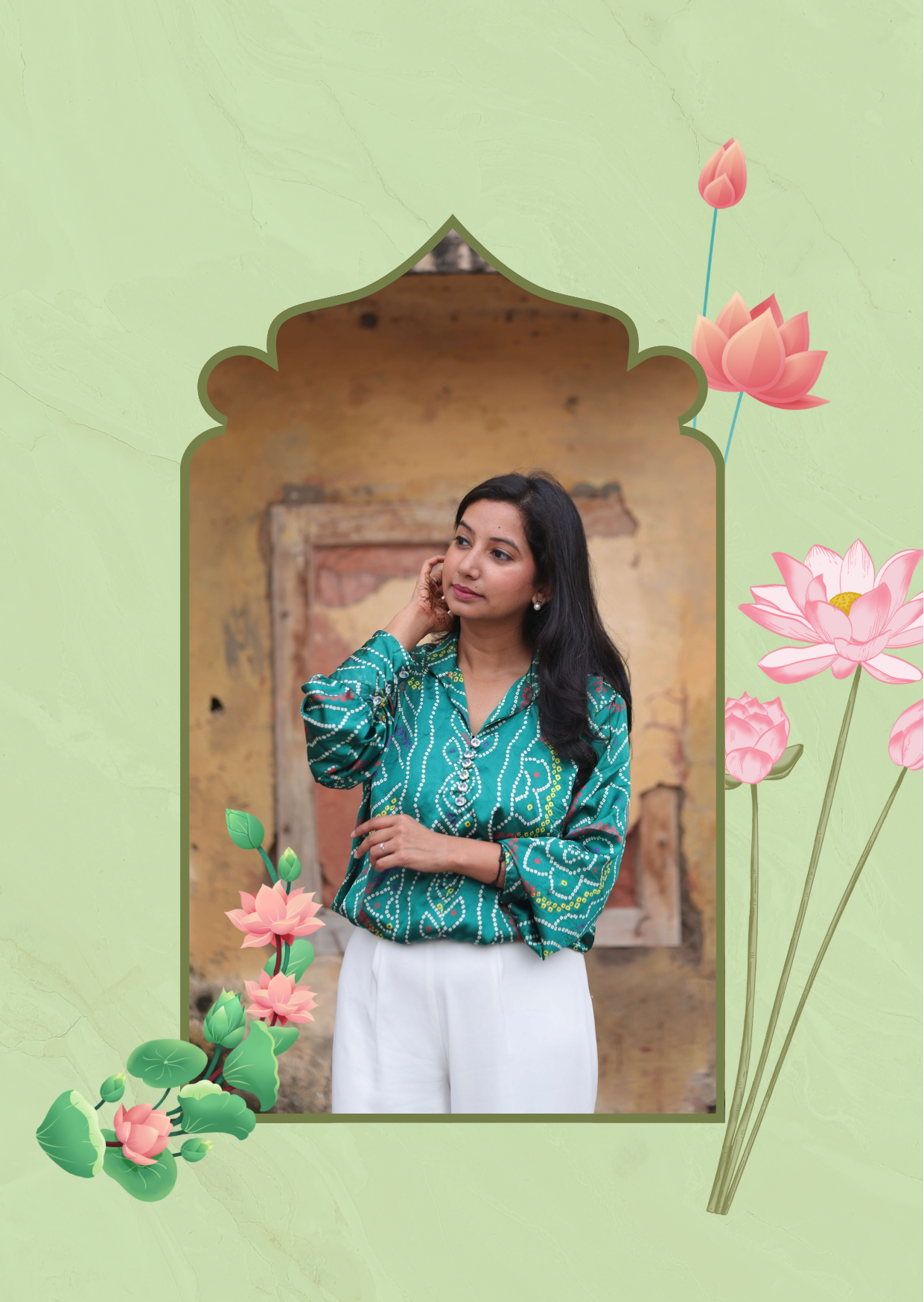 Emerald green bandhni print silk blouse with traditional tie-dye print and pearl buttons, elegant handcrafted textile detail