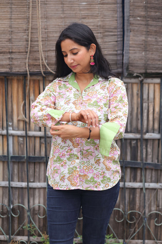 The Amaltaas Shirt – Green & Pink Floral Hand Block Printed Cotton Shirt