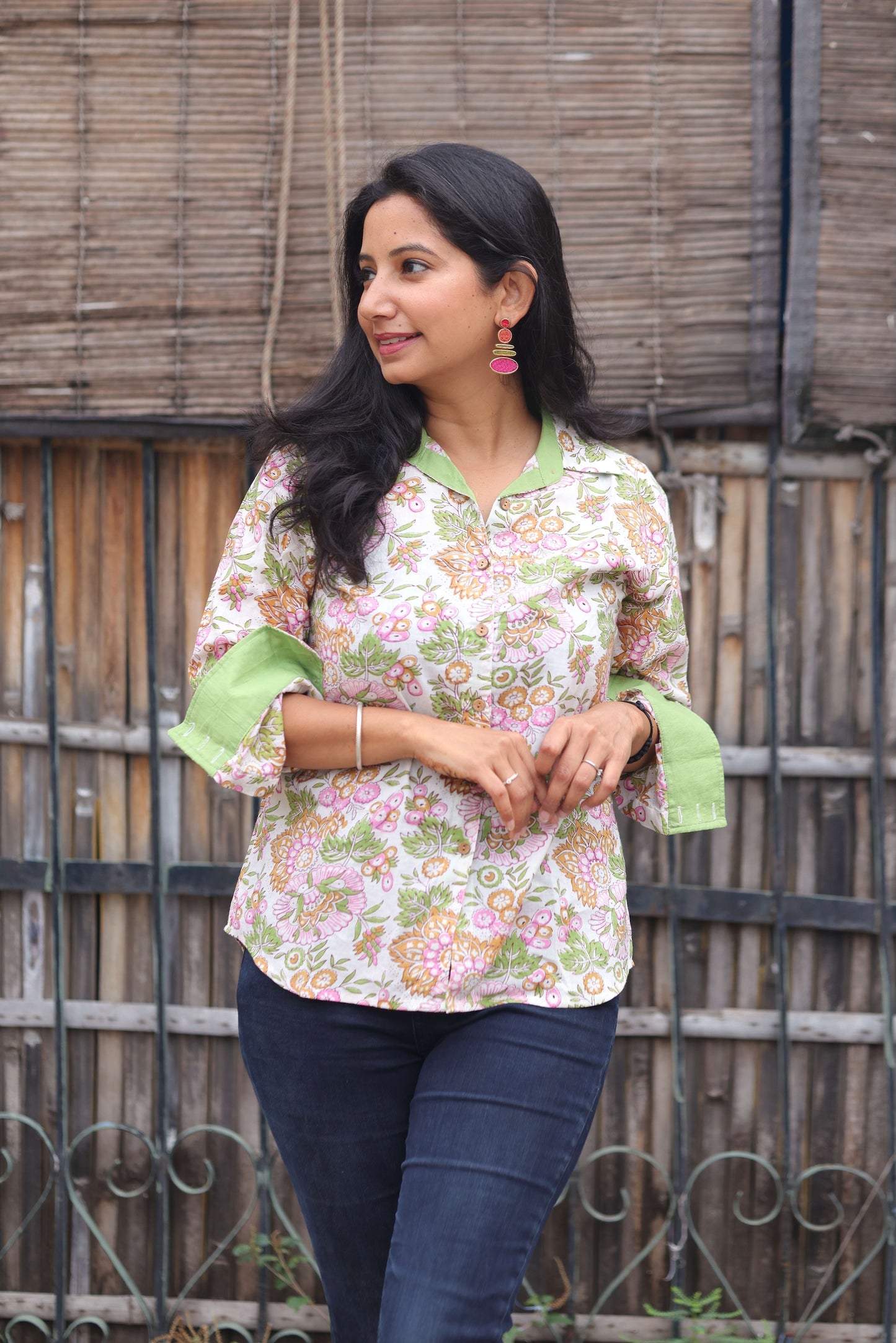 The Amaltaas Shirt – Green & Pink Floral Hand Block Printed Cotton Shirt