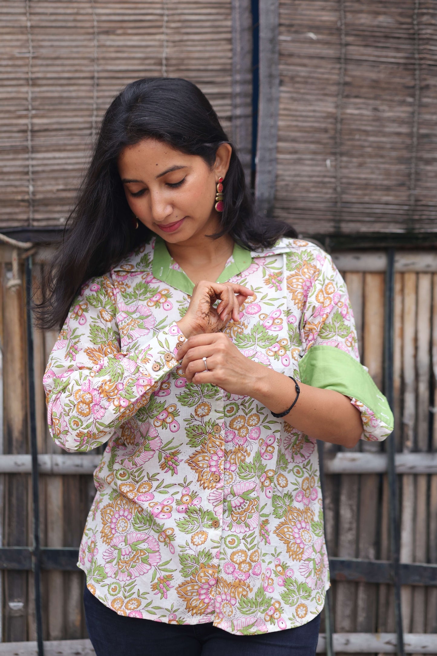 The Amaltaas Shirt – Green & Pink Floral Hand Block Printed Cotton Shirt