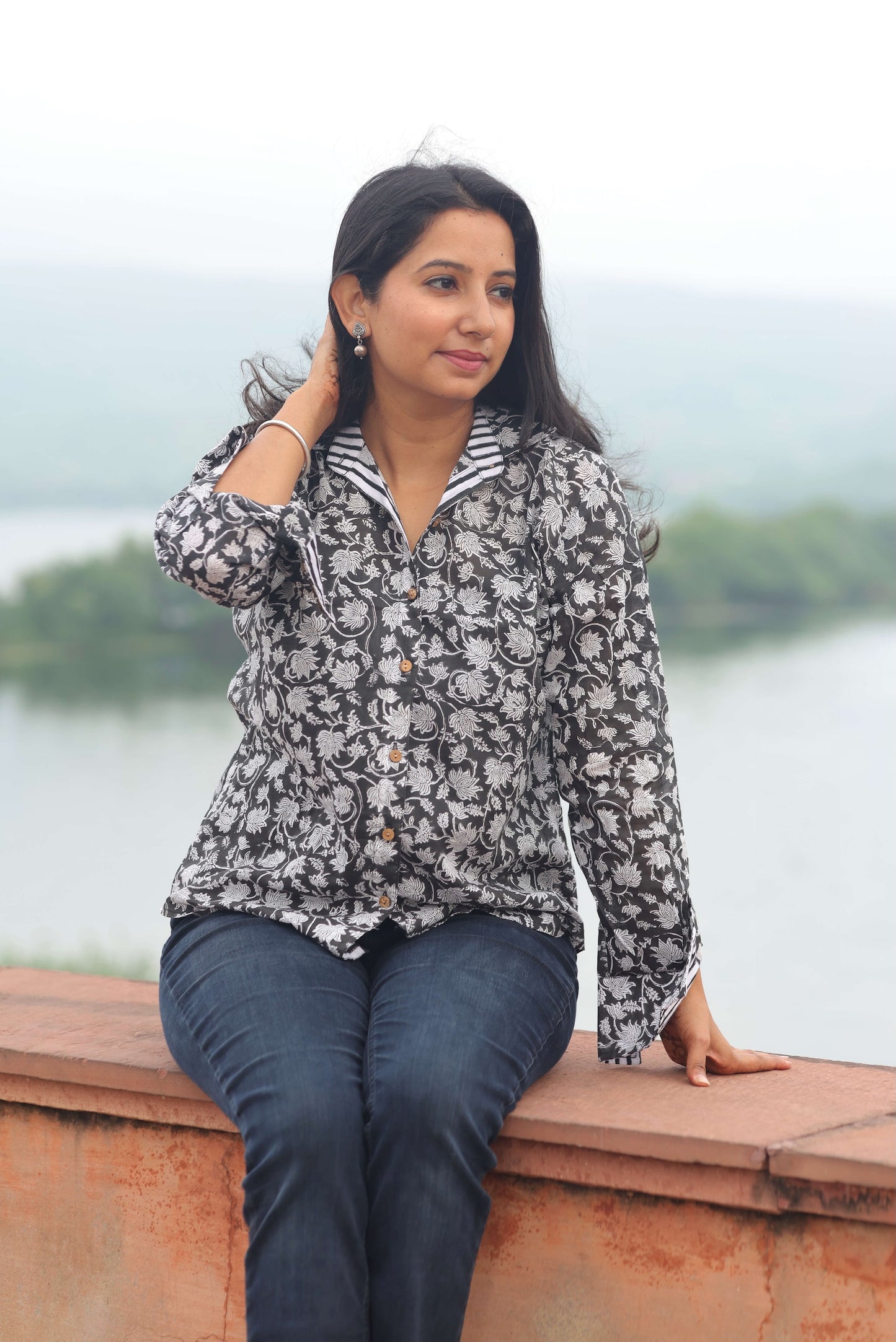 The Noor Shirt – Black & White Hand Block Printed Cotton Shirt