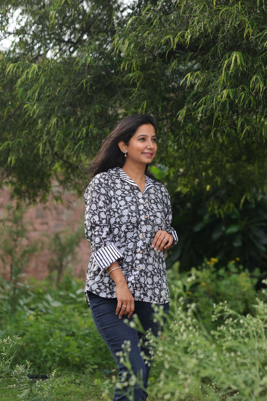 The Noor Shirt – Black & White Hand Block Printed Cotton Shirt