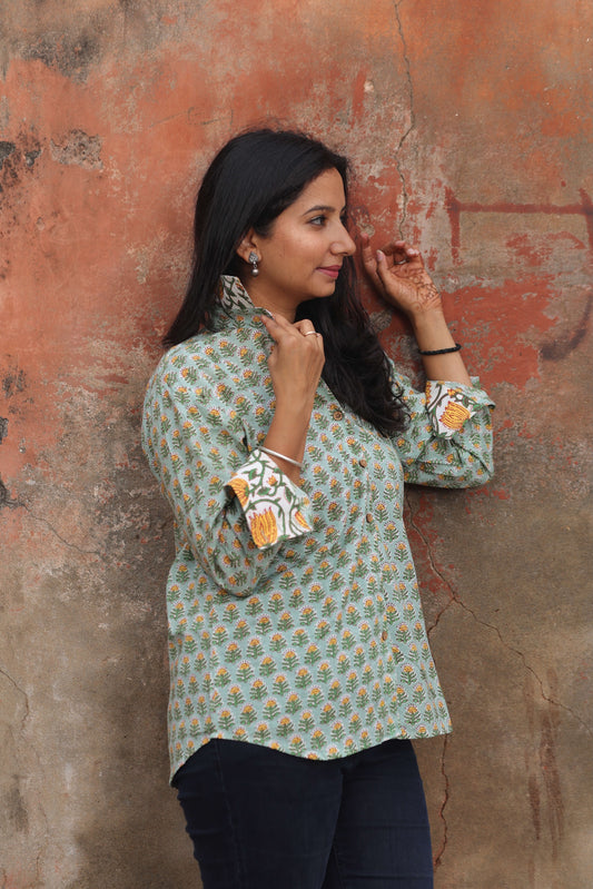 The Basant Shirt – Sage Green Hand Block Printed Cotton Shirt with Yellow Floral Accents