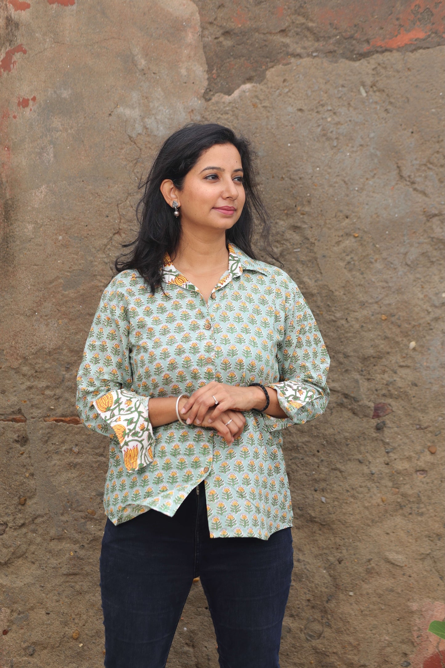 The Basant Shirt – Sage Green Hand Block Printed Cotton Shirt with Yellow Floral Accents