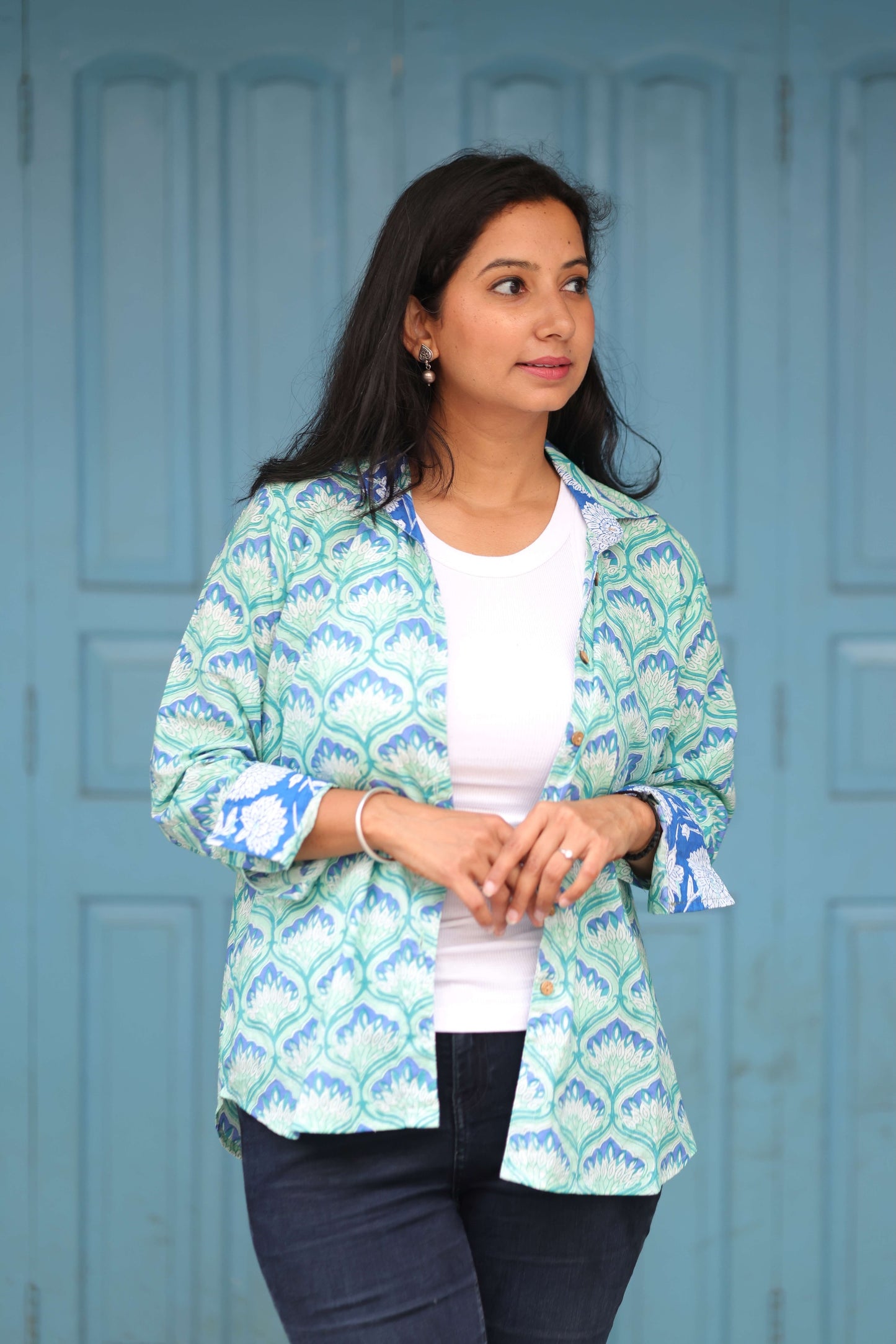 The Neel Kamal Shirt – Mint & Blue Floral Hand Block Printed Cotton Shirt