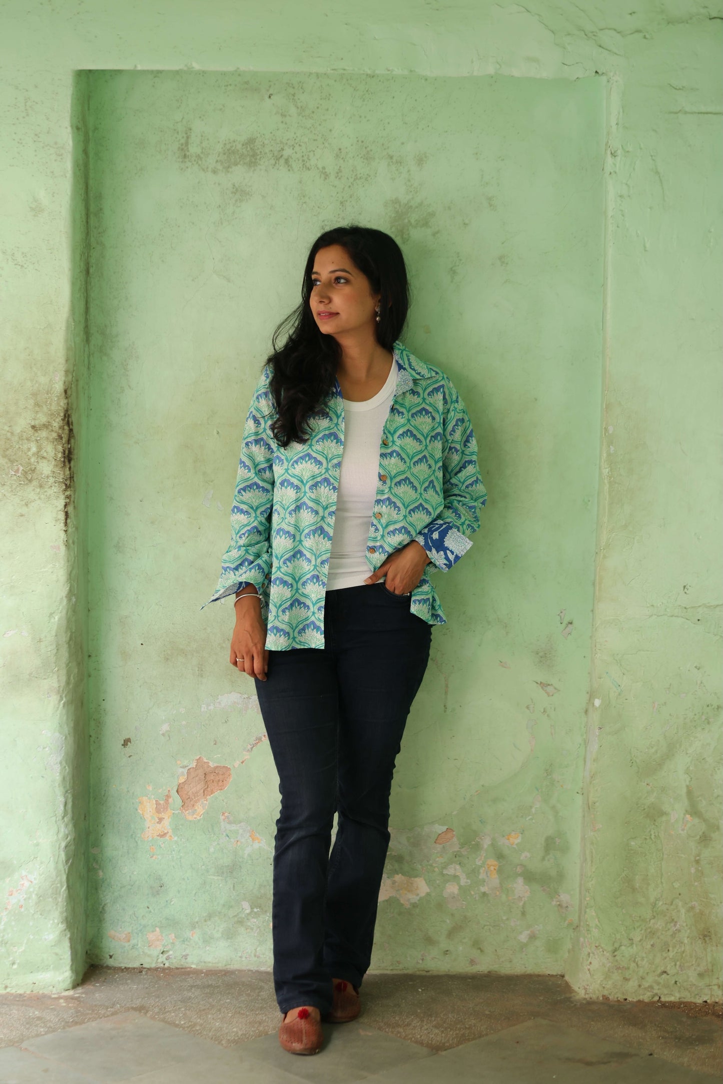 The Neel Kamal Shirt – Mint & Blue Floral Hand Block Printed Cotton Shirt