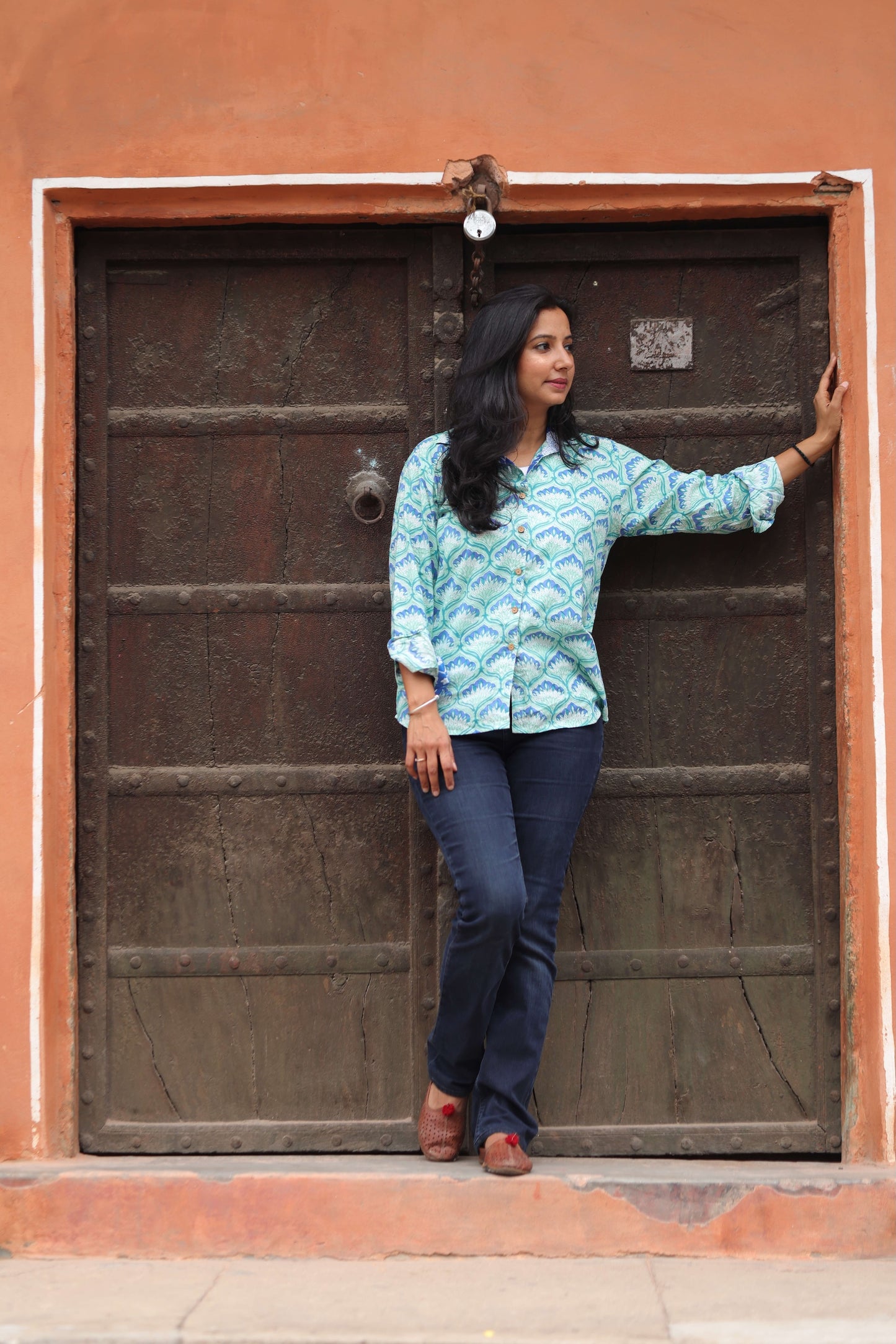 The Neel Kamal Shirt – Mint & Blue Floral Hand Block Printed Cotton Shirt