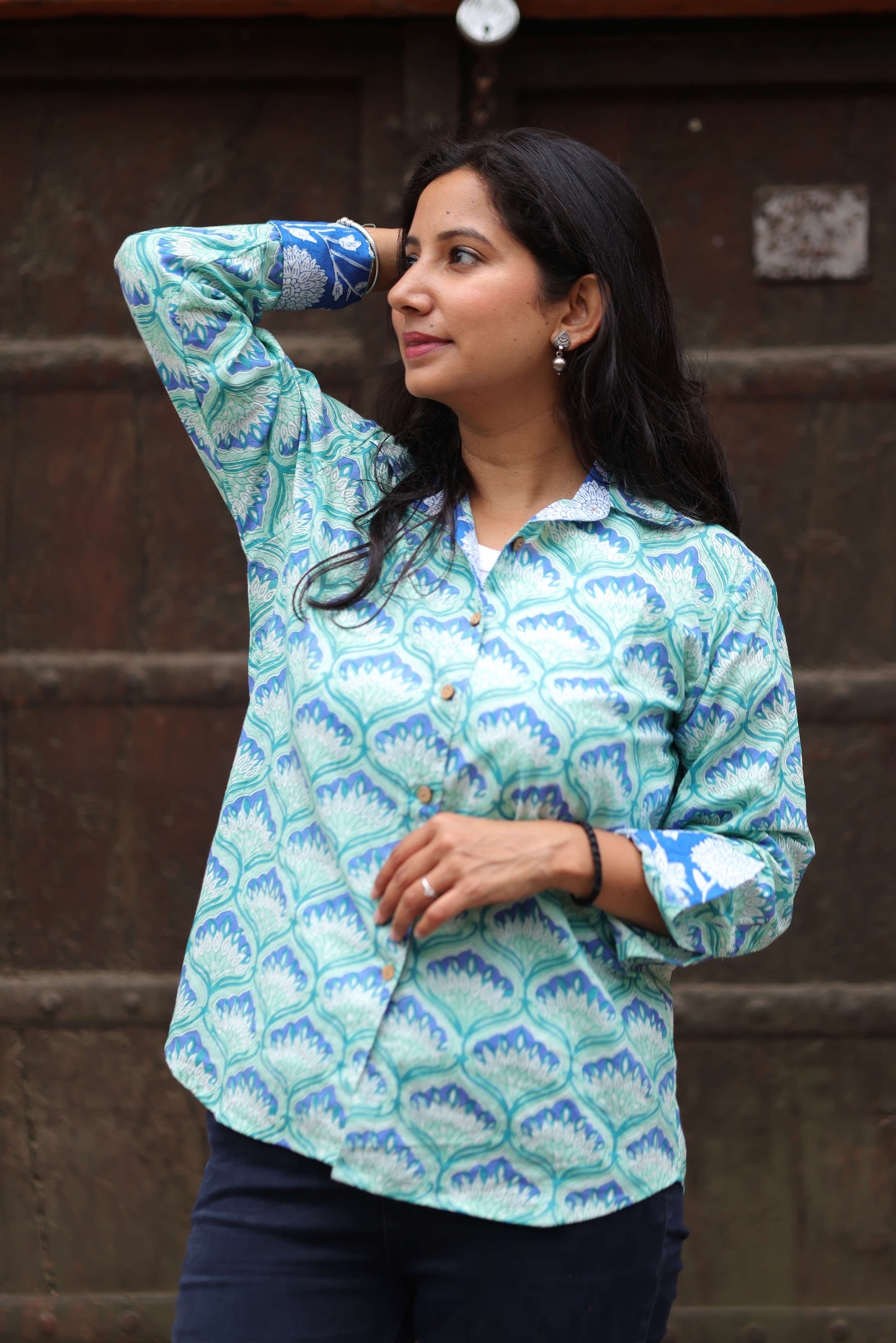 The Neel Kamal Shirt – Mint & Blue Floral Hand Block Printed Cotton Shirt
