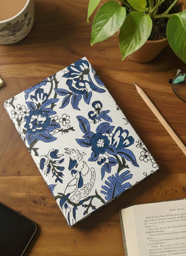Notebook with blue floral design on a wooden desk with a cup of tea, plant, and glasses.