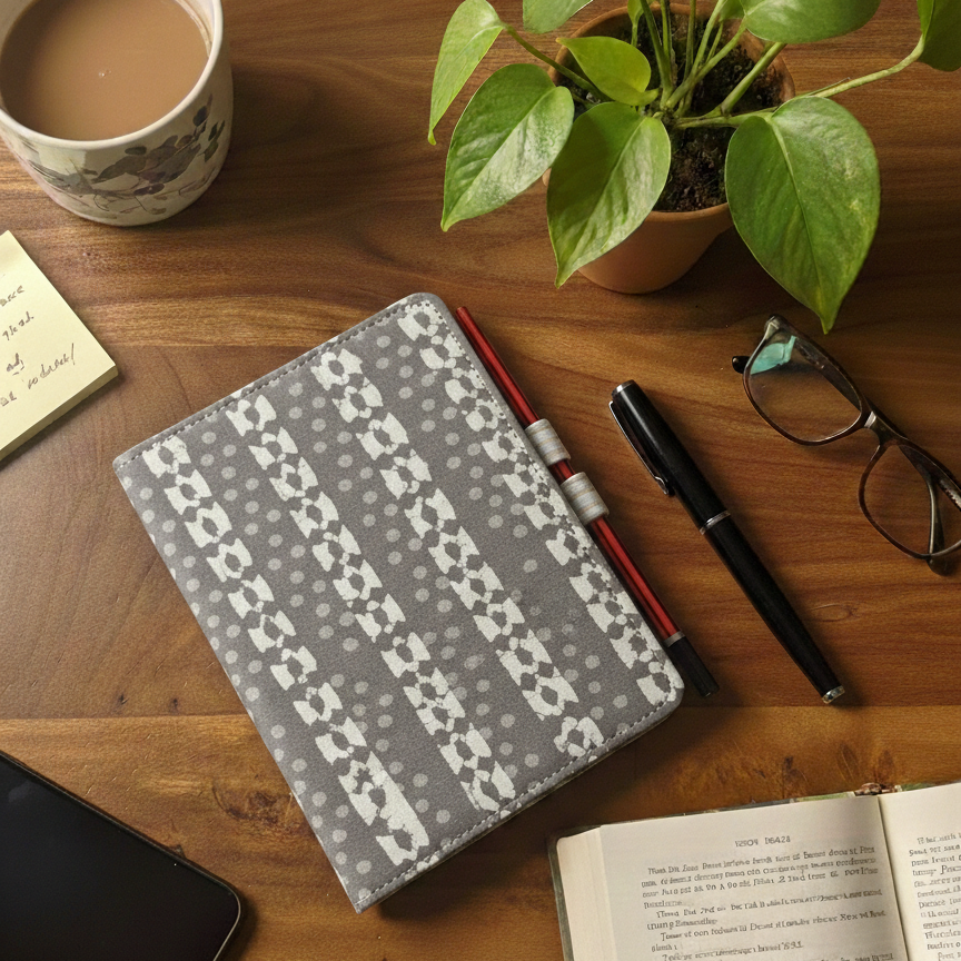 Gray patterned notebook , handmade, block print diary. 
