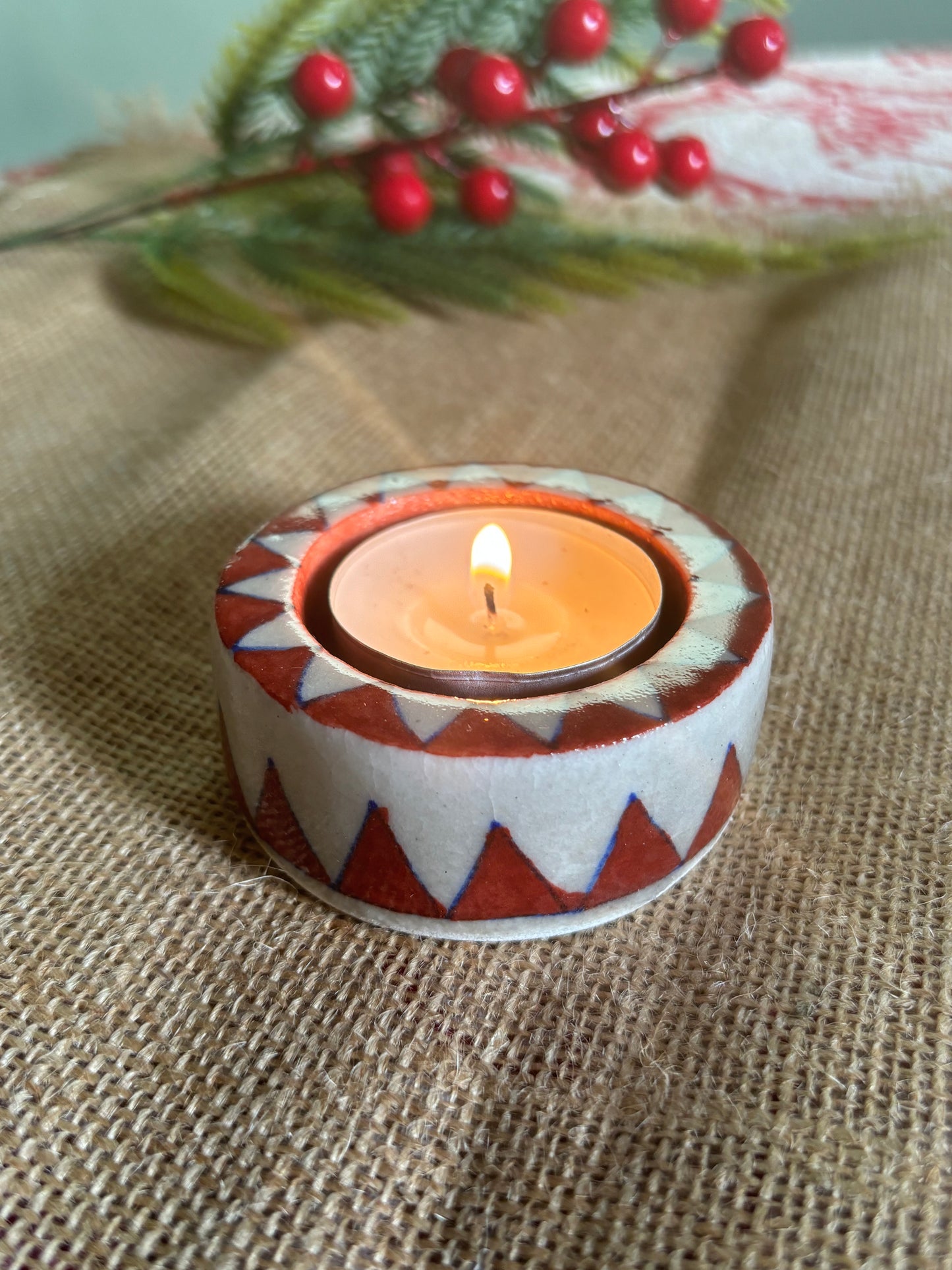 Red Round Blue pottery tea light holder