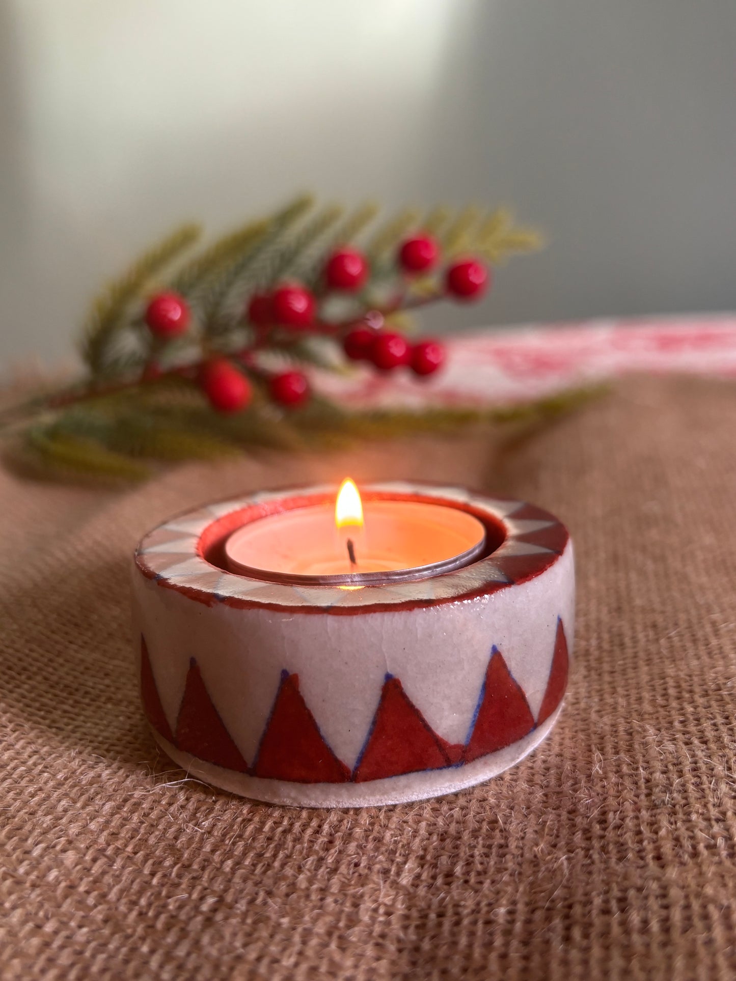 Red Round Blue pottery tea light holder