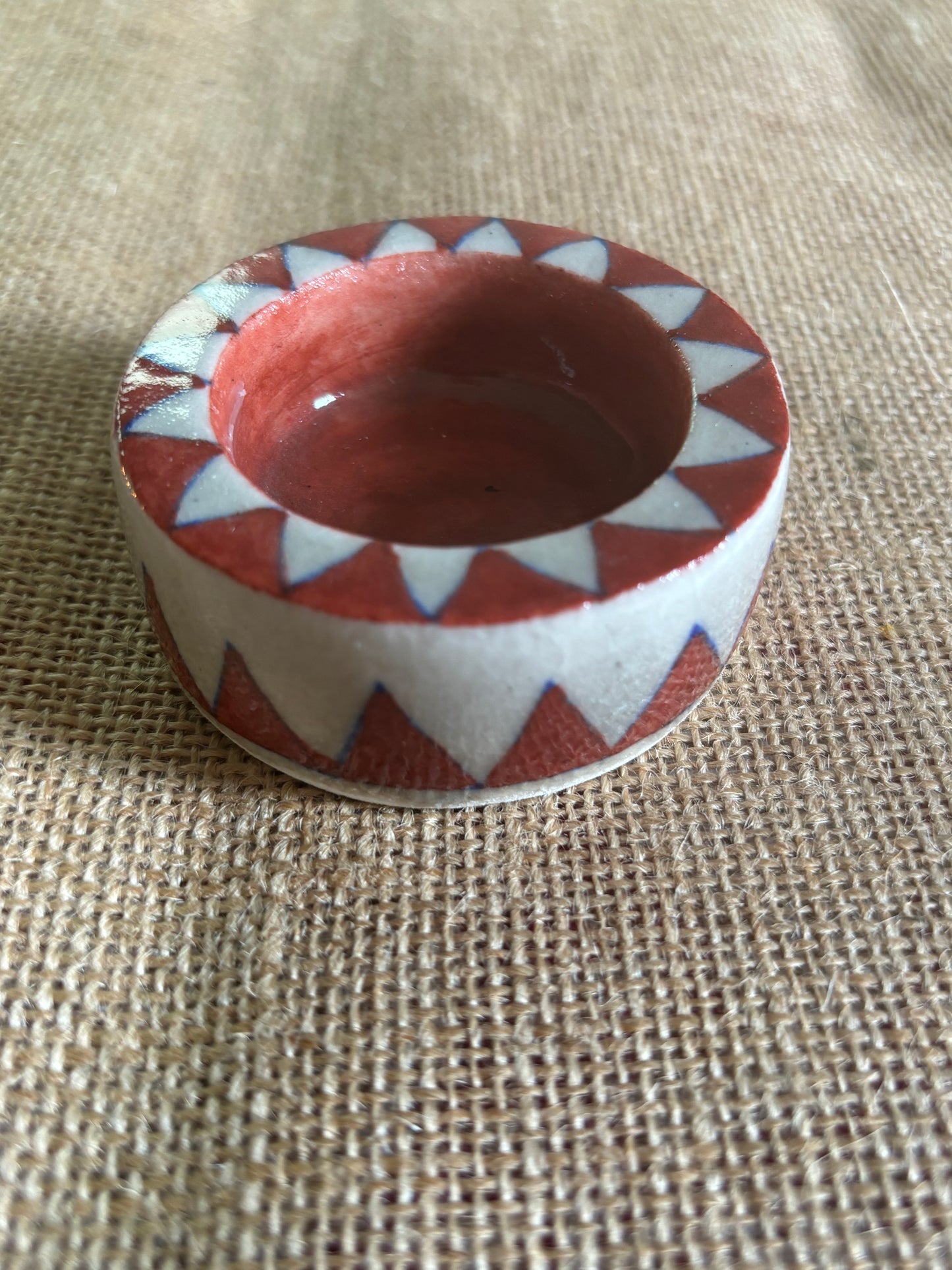 Red Round Blue pottery tea light holder