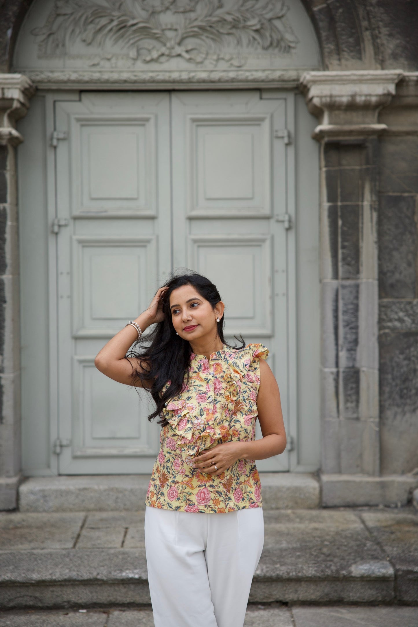 Honey Bloom Block Printed Cotton Blouse