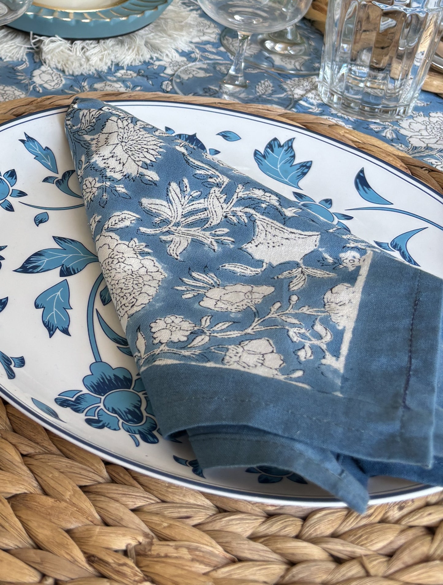 Indigo Garden Block Print Round Table Cloth with 8 Napkins