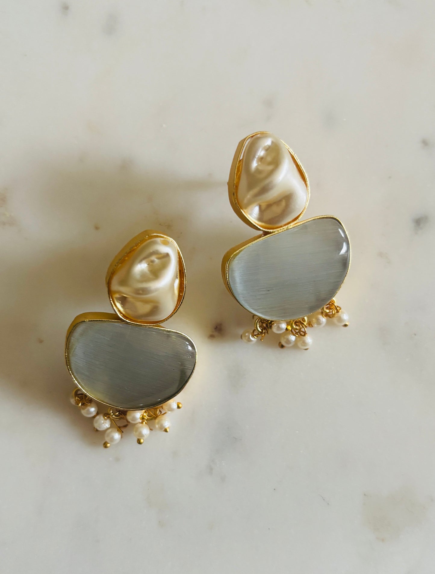 Moonstone pearl cascade earrings with layered pearl drops and luminous moonstone accents, handcrafted fashion jewellery.