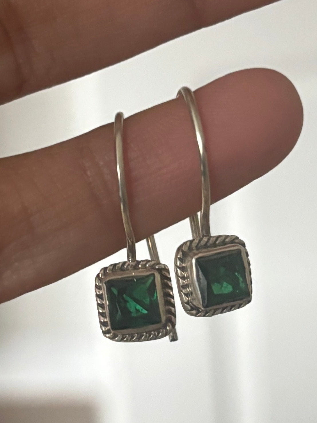 Small Green Square Silver Hook Earrings